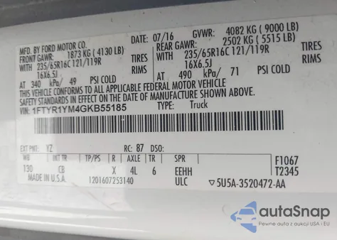 2016 Ford Transit-250 T-250 из США, поврежденный, VIN 1FTYR1YM4GKB55185